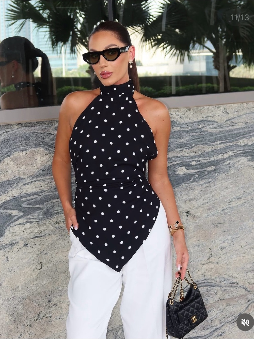 Zara Black Polka Dot Halter Top with Pointed Hem